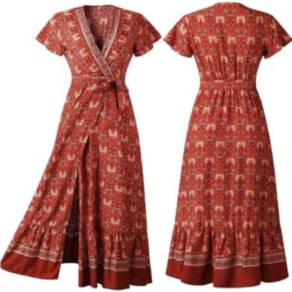 Women’s Pretty Garden Wrap Around Dress Boho Red Floral Flutter Sleeve Medium - Picture 13 of 16